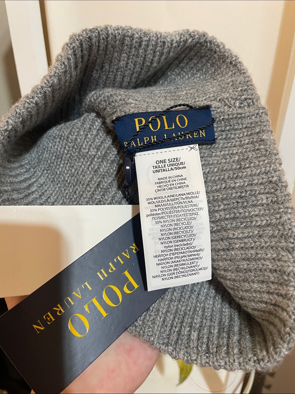 Polo by Ralph Lauren Gray Ribbed Knit Beanie with Embroidered Bear - Picture 4 of 4